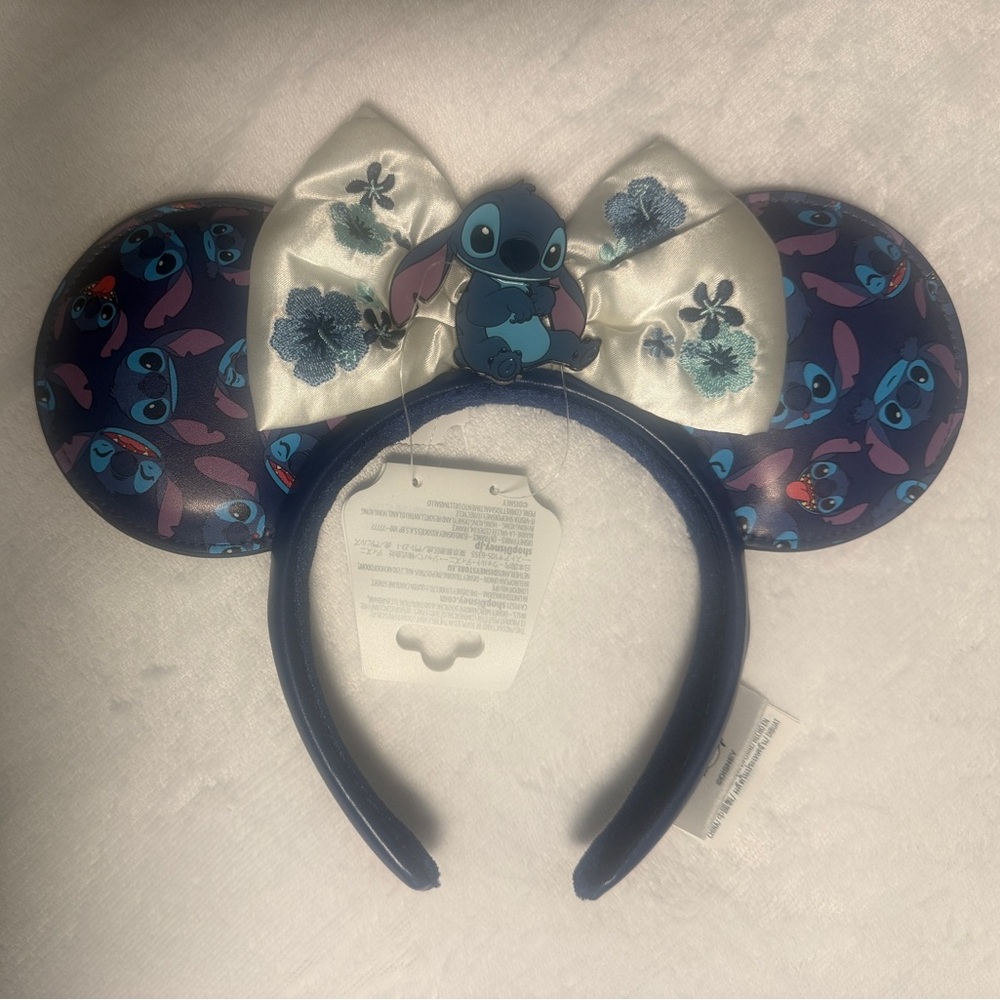 Disney Stitch Patterned Navy Minnie Ear Headband with Ivory Satin Bow